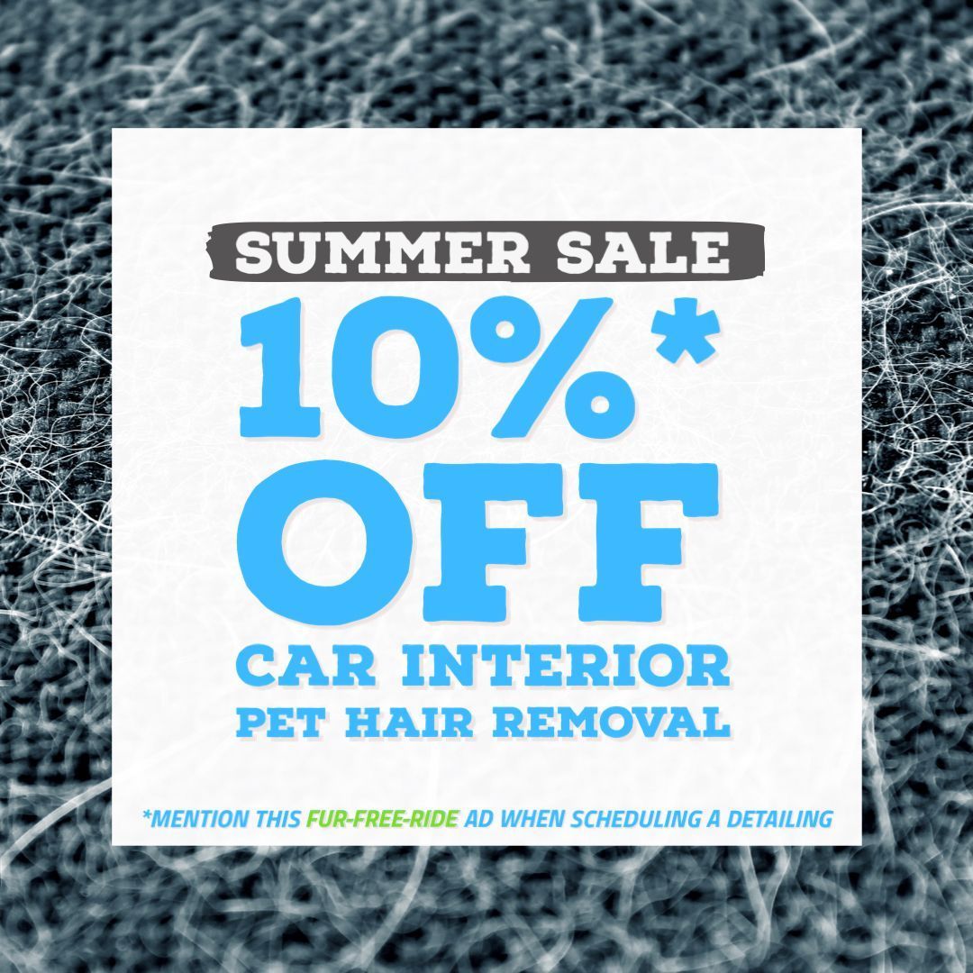 Square ad: Summer sale, 10% off car interior pet hair removal. Text says 
