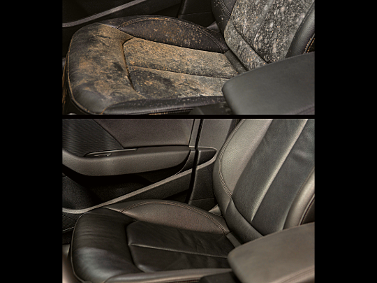 Before and after comparison of a car's black leather seat. The top seat is dirty, the bottom is clean.