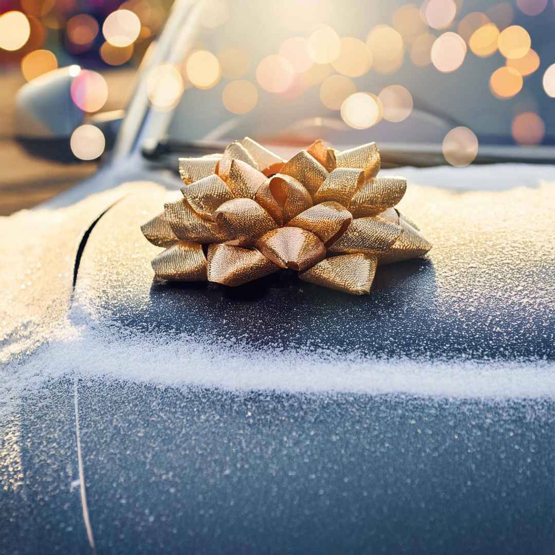 Gold bow on the frosted hood of a silver car, with bokeh lights in the background.