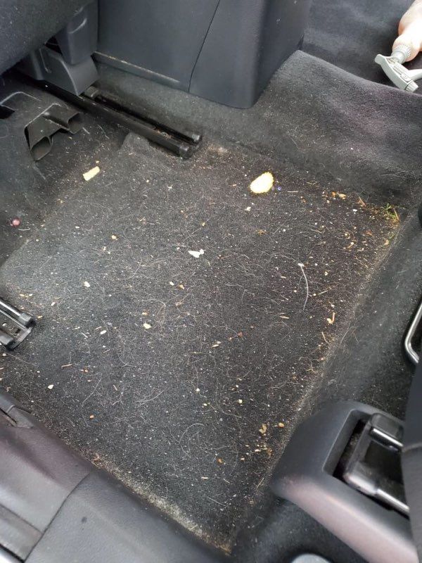 Dirty car carpet covered in debris, including food crumbs.