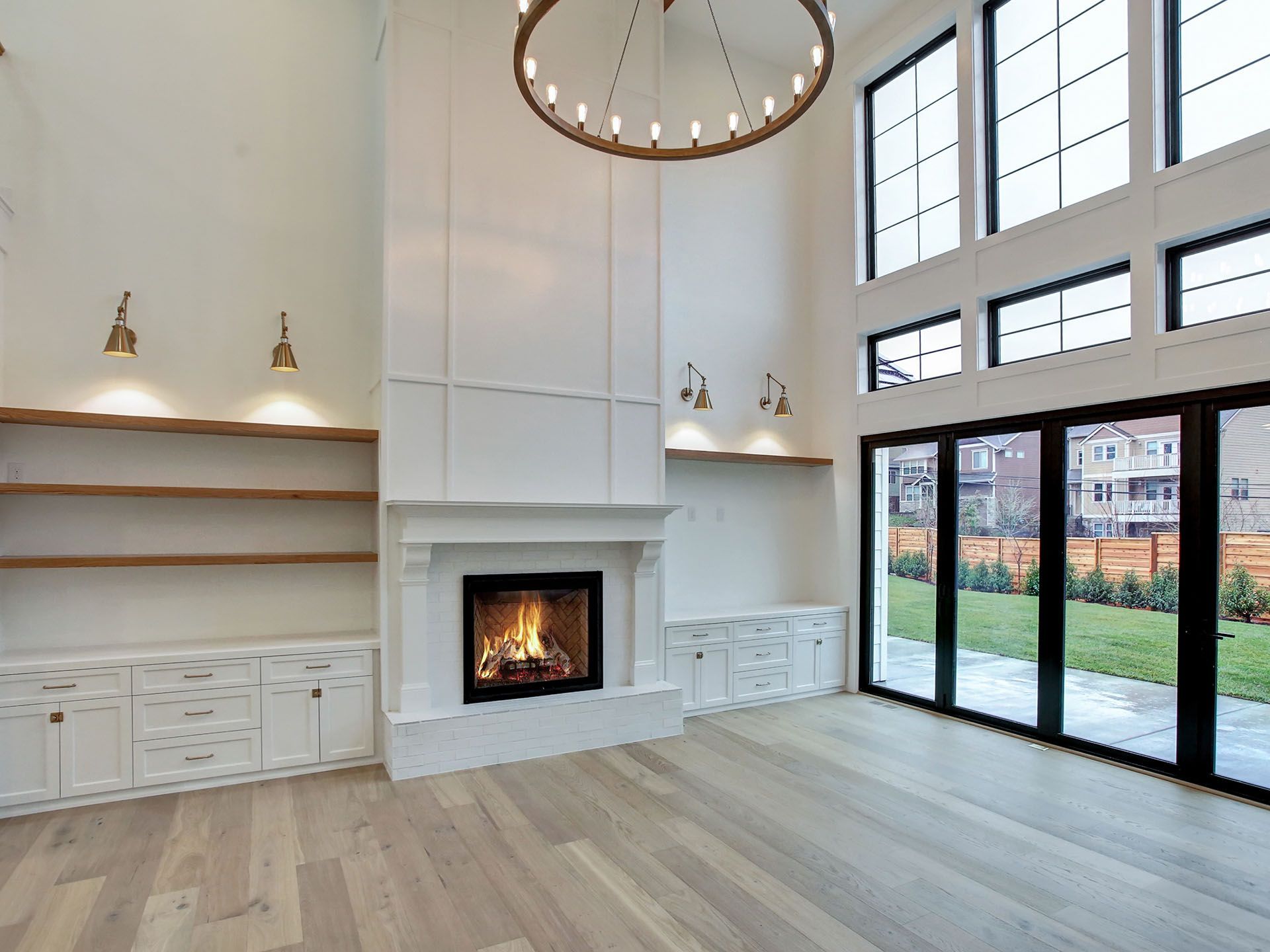 A living room with a high ceiling