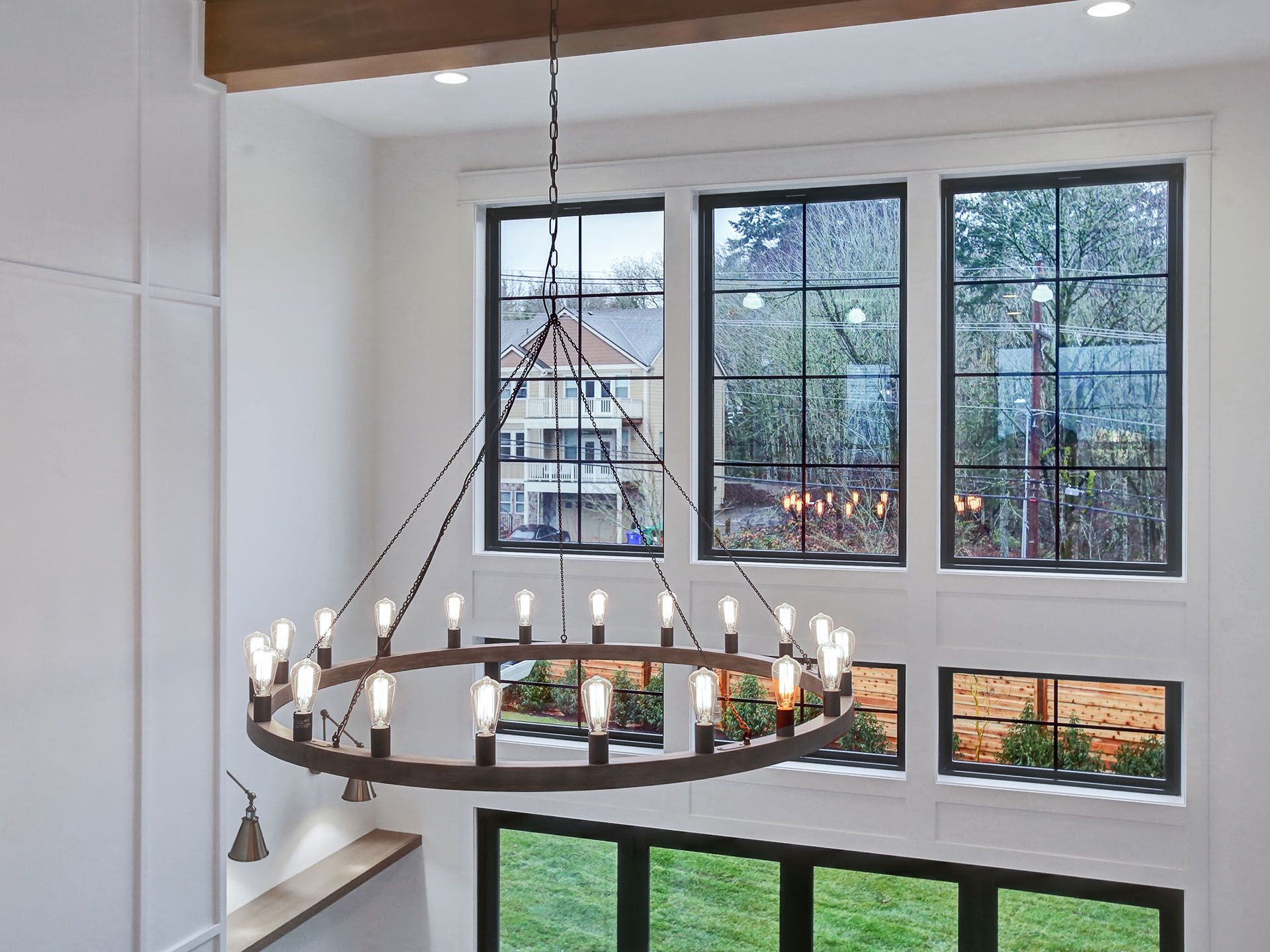 A large chandelier is hanging from the ceiling