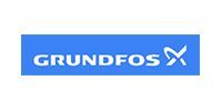 Grundfos logo: white text on blue rectangle, with a stylized 