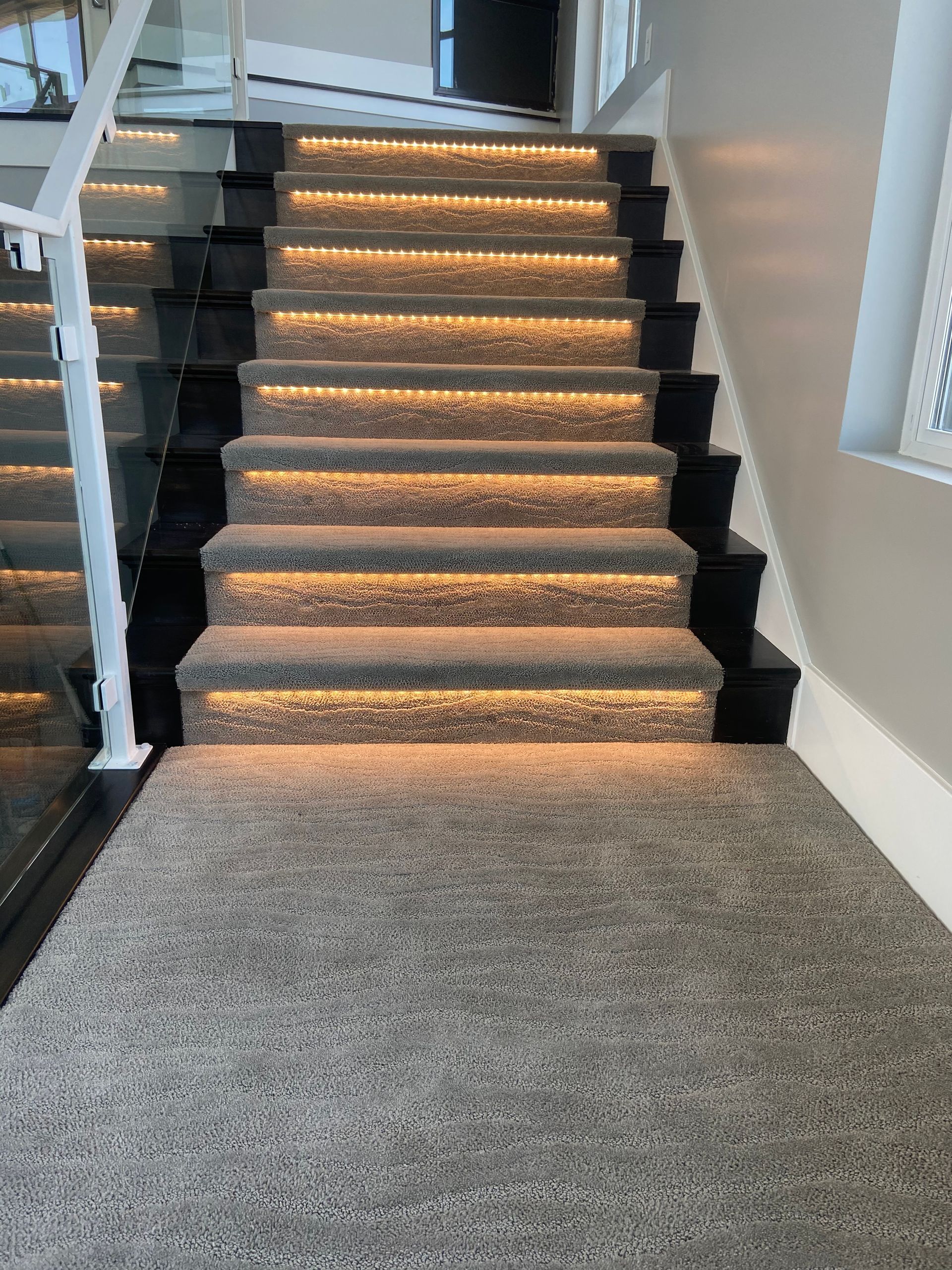 A staircase with a carpeted staircase and lights on the steps.