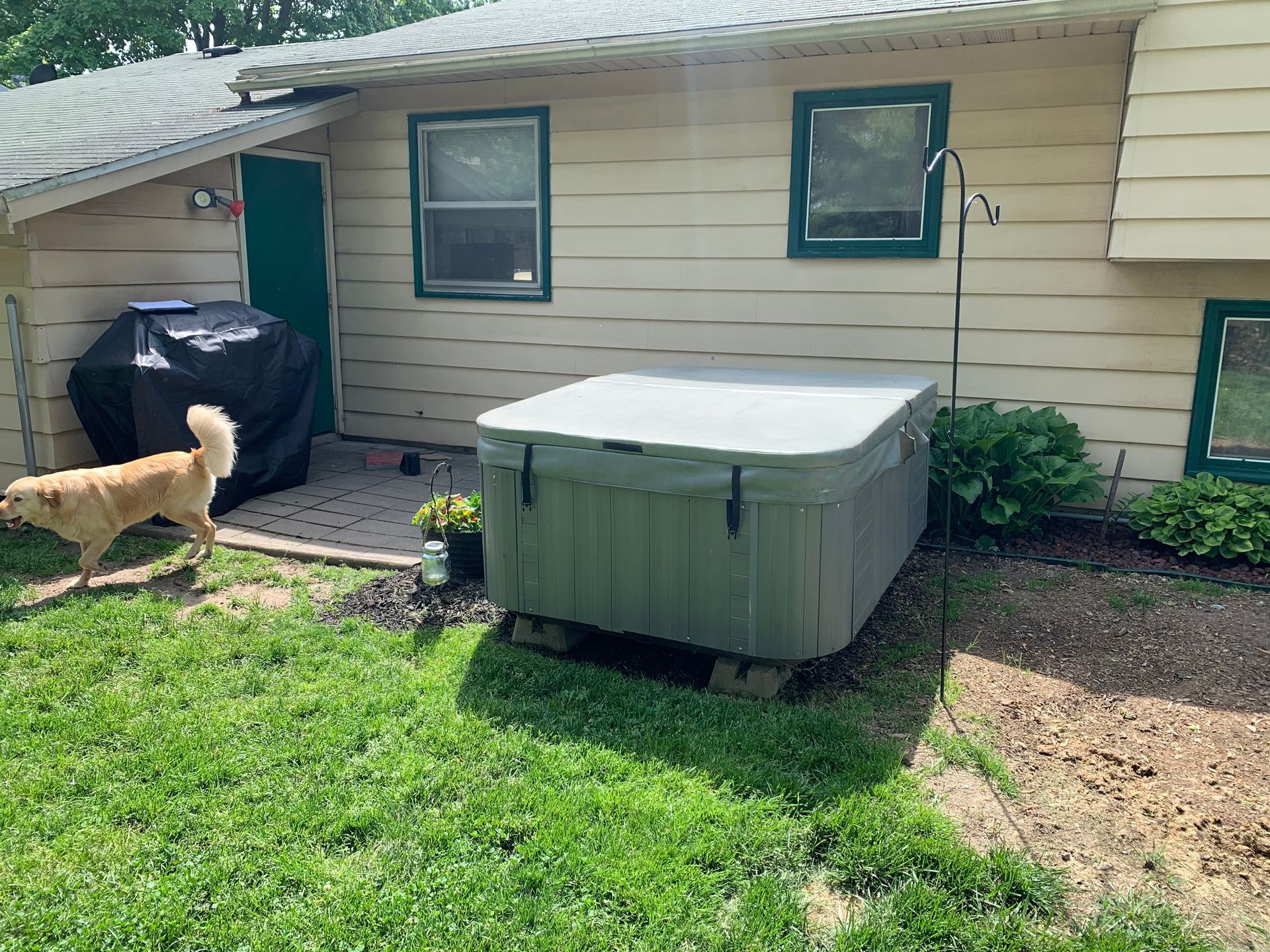 Backyard patio with hot tub, grill, house wall, and a dog on the grass