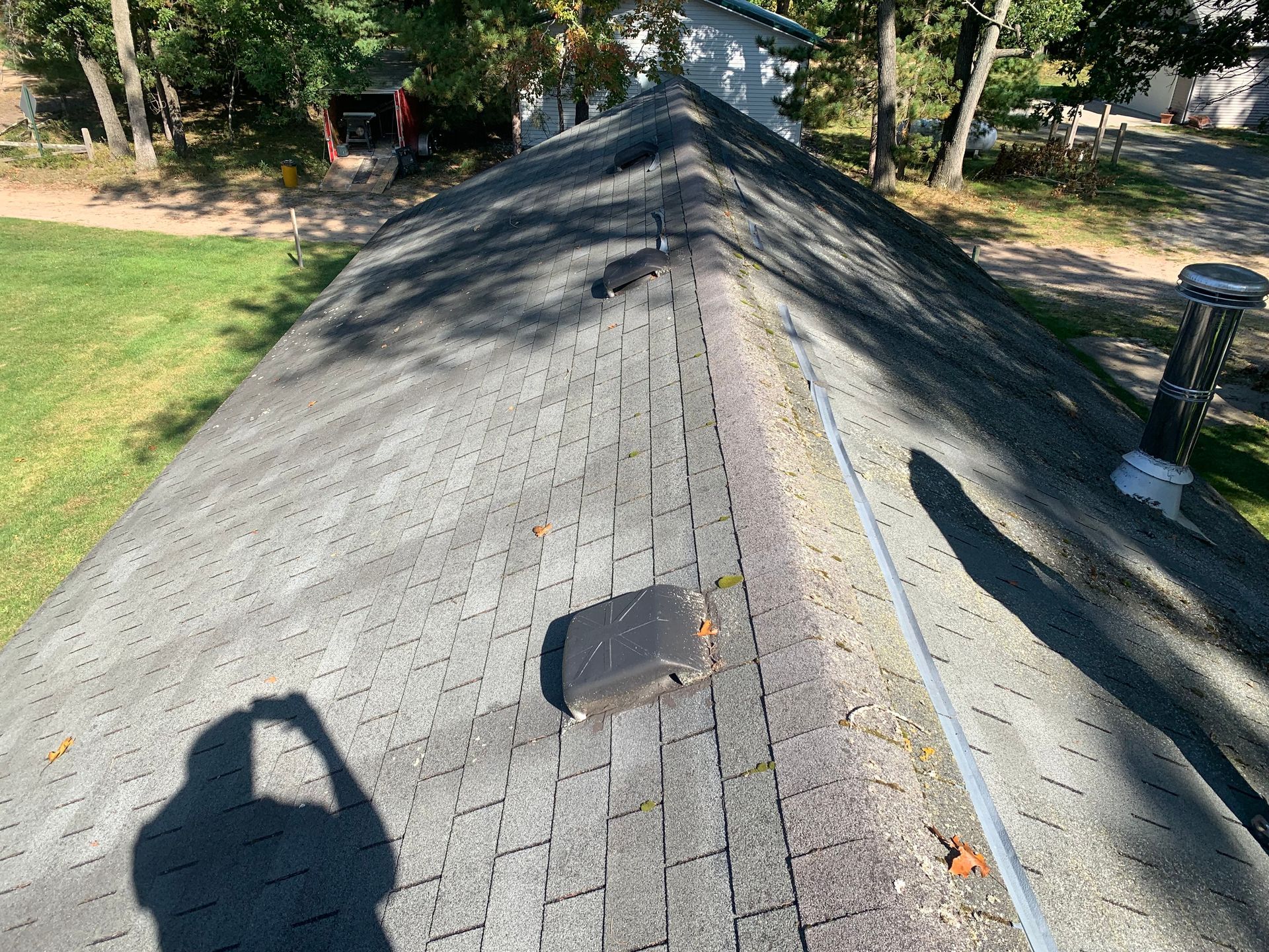 Rooftop with asphalt shingles, a vent, and trees visible along the ridge in sunlight.