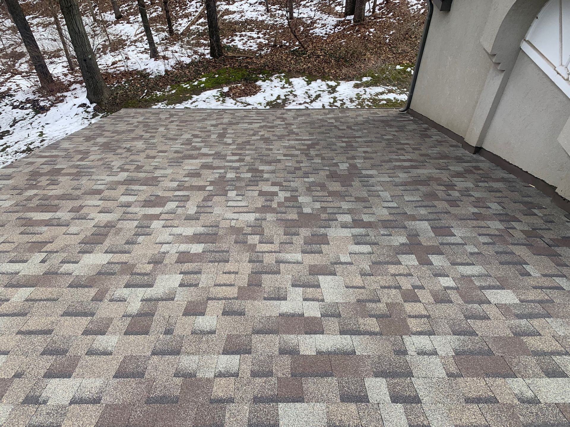 Snow-dusted gray and tan shingle roof beside a house and wooded yard
