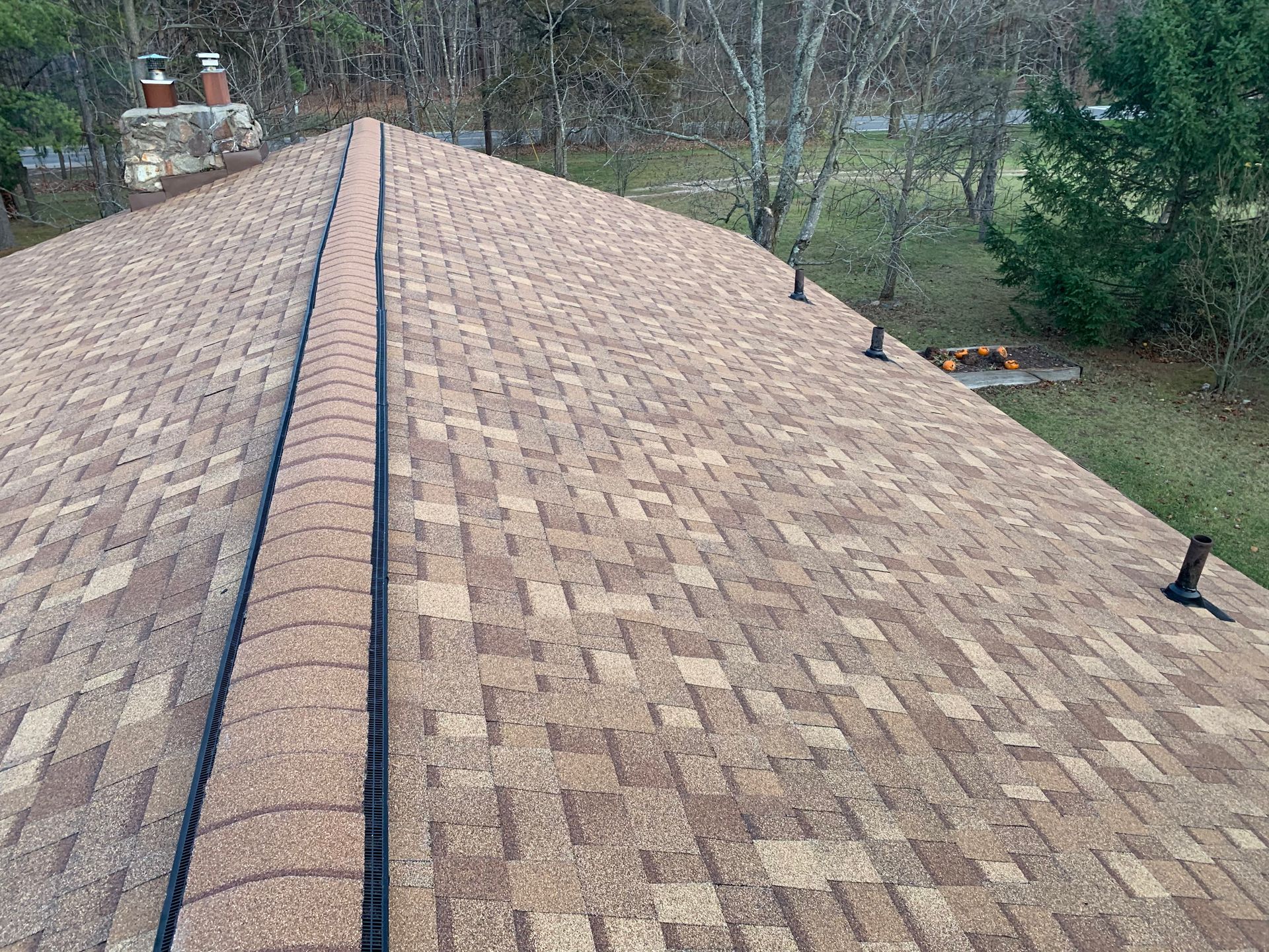 Roof with tan shingles and a dark ridge vent, seen from above with trees in the background