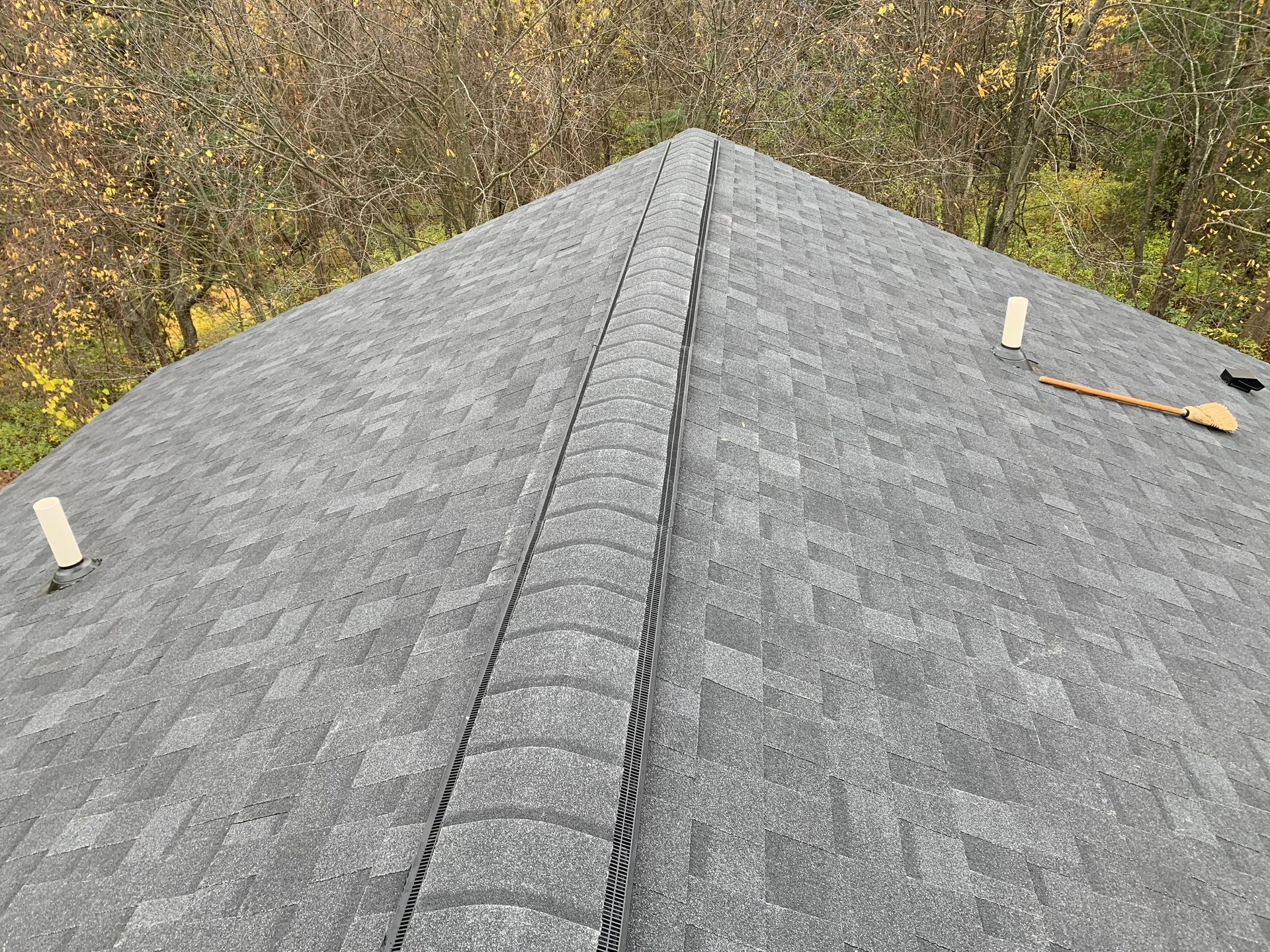Gray shingled roof peak with two vents, seen against autumn trees