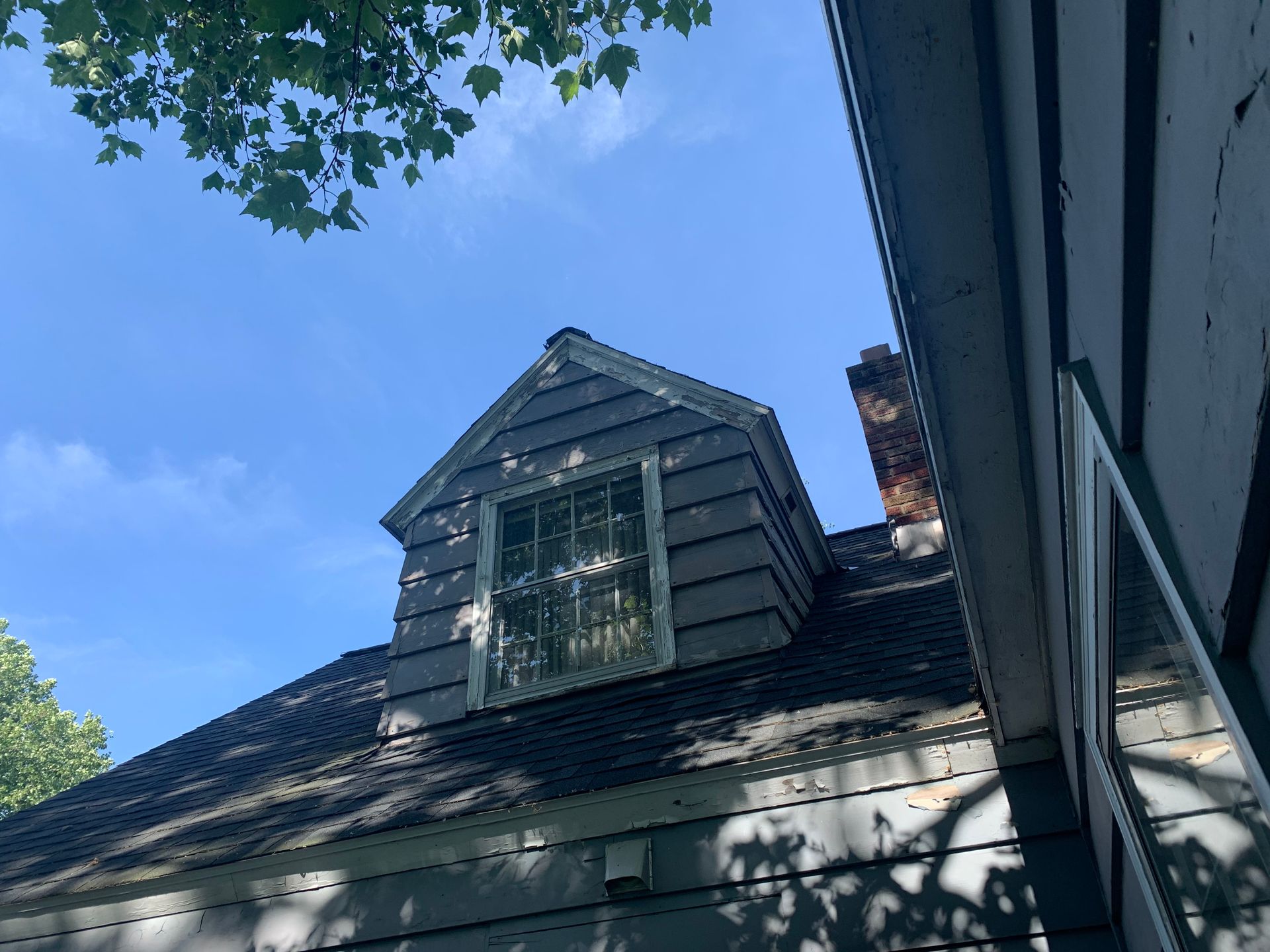 Blue sky above a house roof with dark shingles and a dormer window, framed by tree leaves.