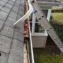 A ladder with a standoff stabilizer rests against the roof edge above a rain gutter filled with dry, brown leaves.