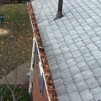 A roof gutter overflowing with dried brown leaves next to grey shingles and a brick wall.