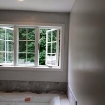 A view through a white-framed window looking out onto lush green trees, with a partially visible tub below.
