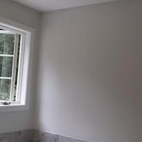 A white wall adjacent to a window with white trim, looking out onto a blurred green, leafy landscape.