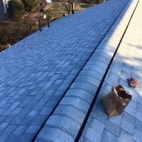 A close-up of a blue shingled roof with a dark ridge vent and a brown paper bag sitting on the right side.