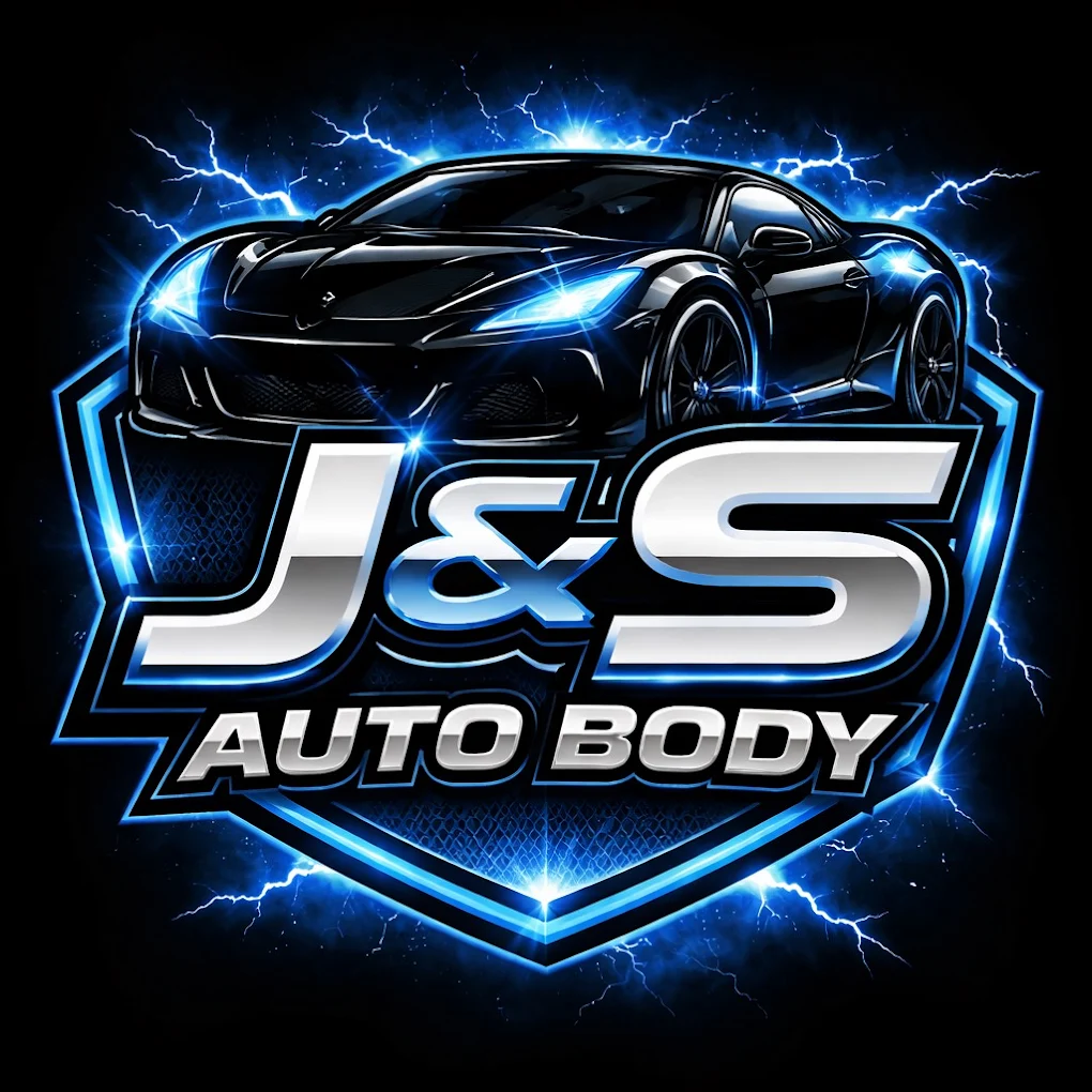 J&S Auto Body logo with a black sports car and blue electric accents on a shield emblem