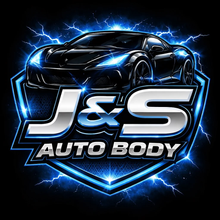 J&S Auto Body logo with a black sports car and blue electric accents on a shield emblem