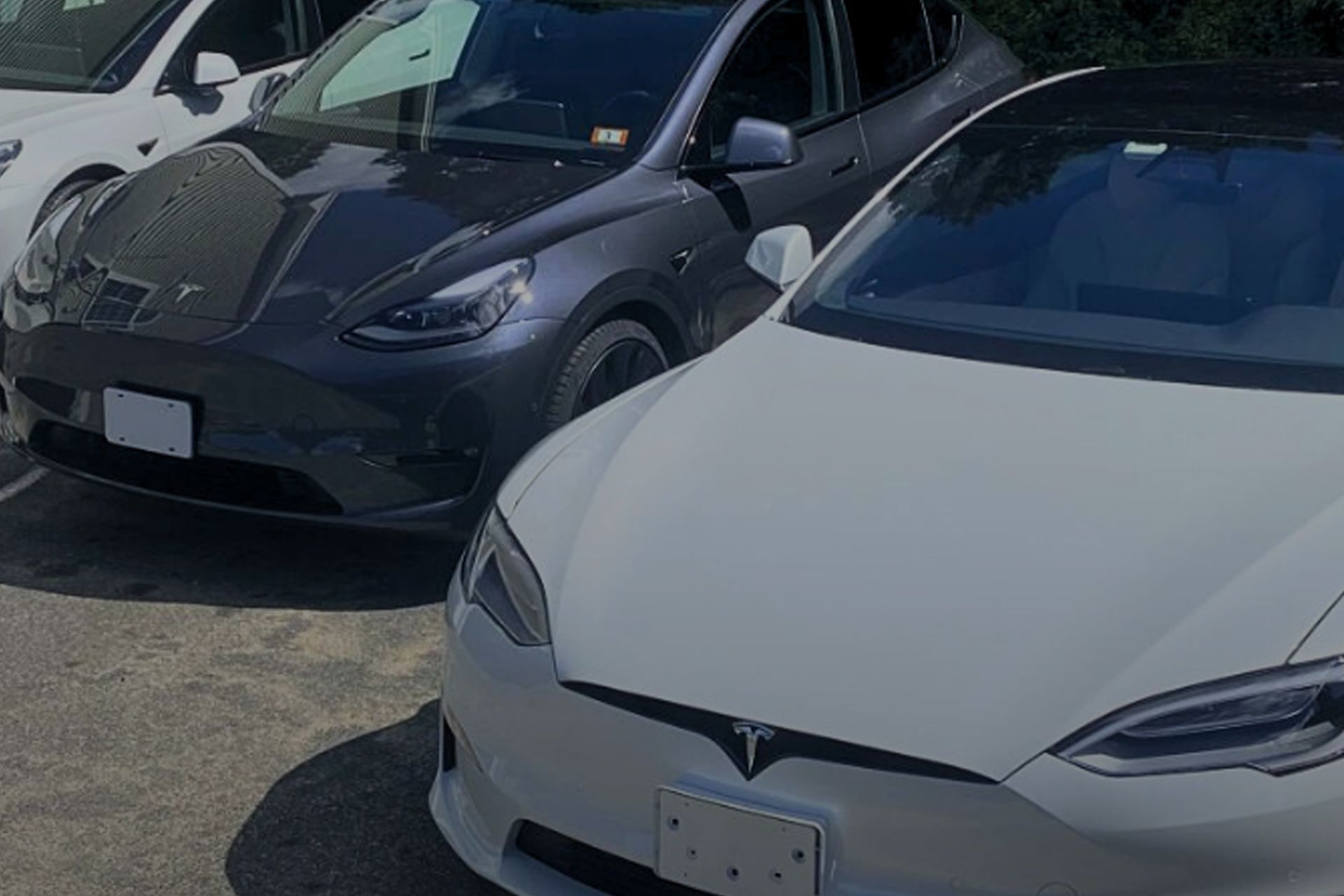 Three Tesla vehicles parked, white, gray and dark gray, in a parking lot.