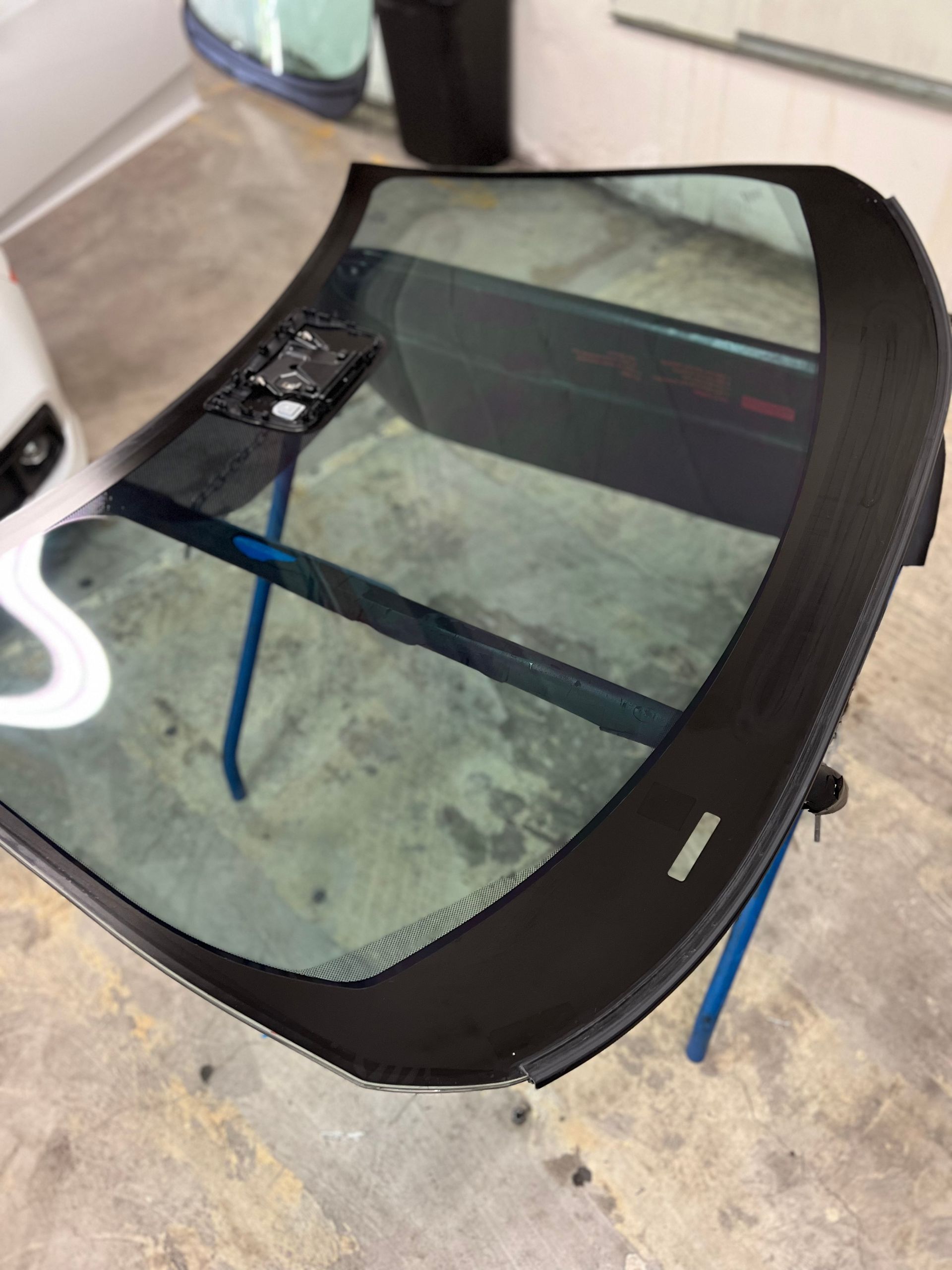 Black mesh cot or pet bed with blue legs on a concrete floor, viewed from above