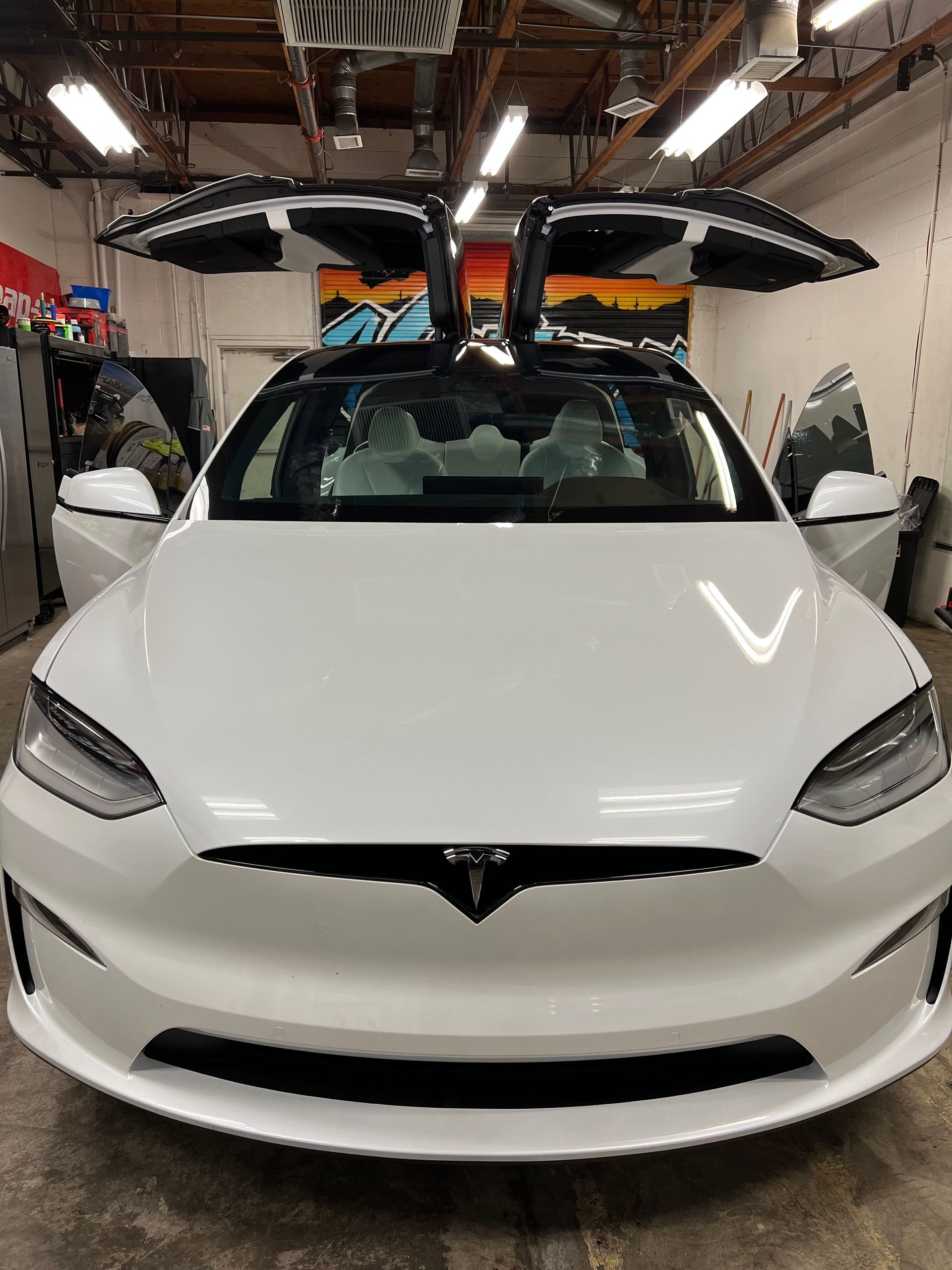 White Tesla Model X with falcon-wing doors open in a garage
