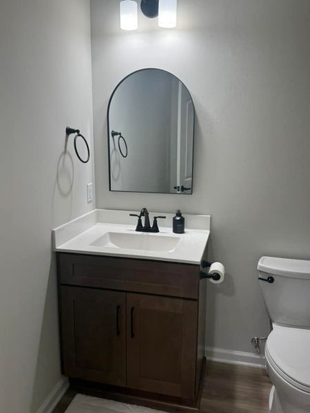 Bathroom with dark wood vanity, white countertop and sink, arched mirror, black fixtures, and toilet.
