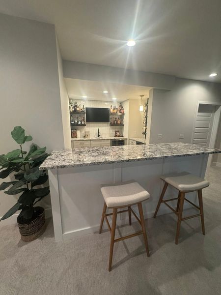 Bar area with countertop, stools, and built-in shelving with drinks. A potted plant sits nearby.