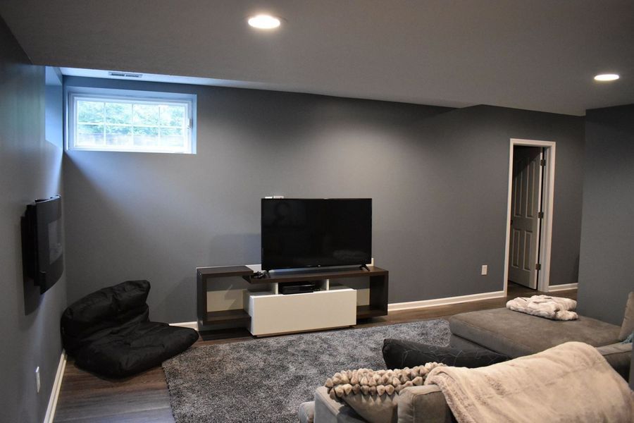 Gray-walled basement living area with TV on a stand, gray rug, beanbag chair, and sofa.