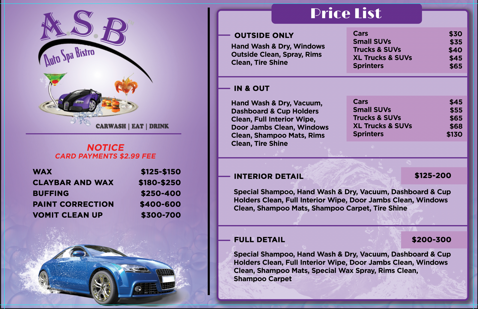 Car wash price list with services and pricing in purple and blue.