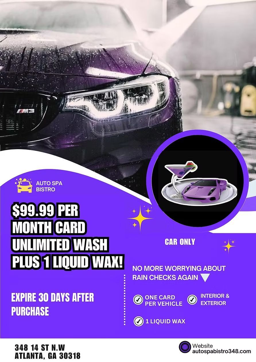 Purple car wash ad: $99.99/month for unlimited washes and liquid wax. Expires in 30 days. Includes car graphic.