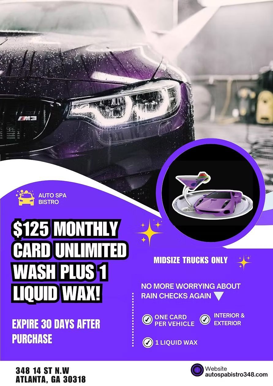 Car wash promotion. Purple car, $125 monthly card for unlimited washes plus liquid wax. Atlanta, GA address.
