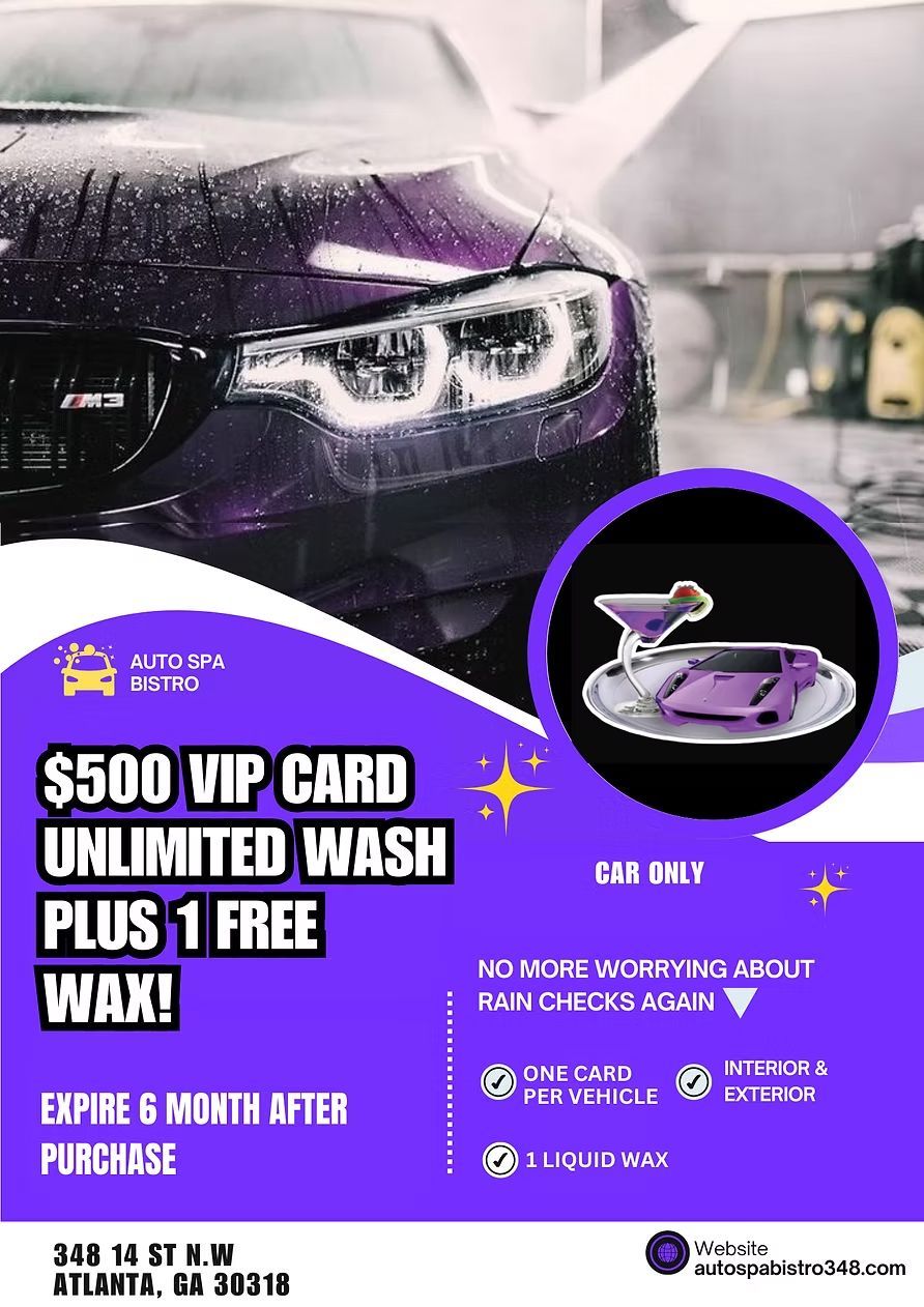 Purple car wash ad with a $500 VIP card offering unlimited washes plus one free wax.
---