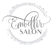 A black and white logo for a salon with a circle around it.