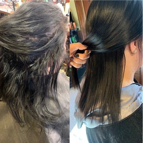 A before and after photo of a woman's hair.