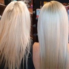 A before and after photo of a woman's blonde hair.