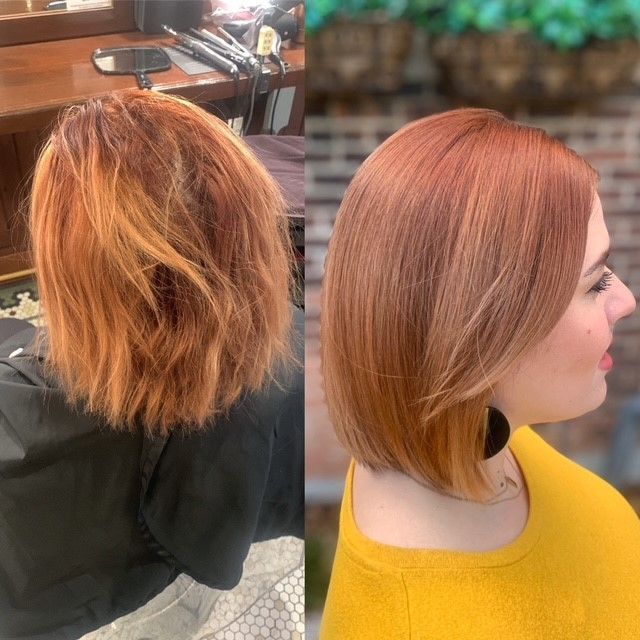 A before and after photo of a woman's hair