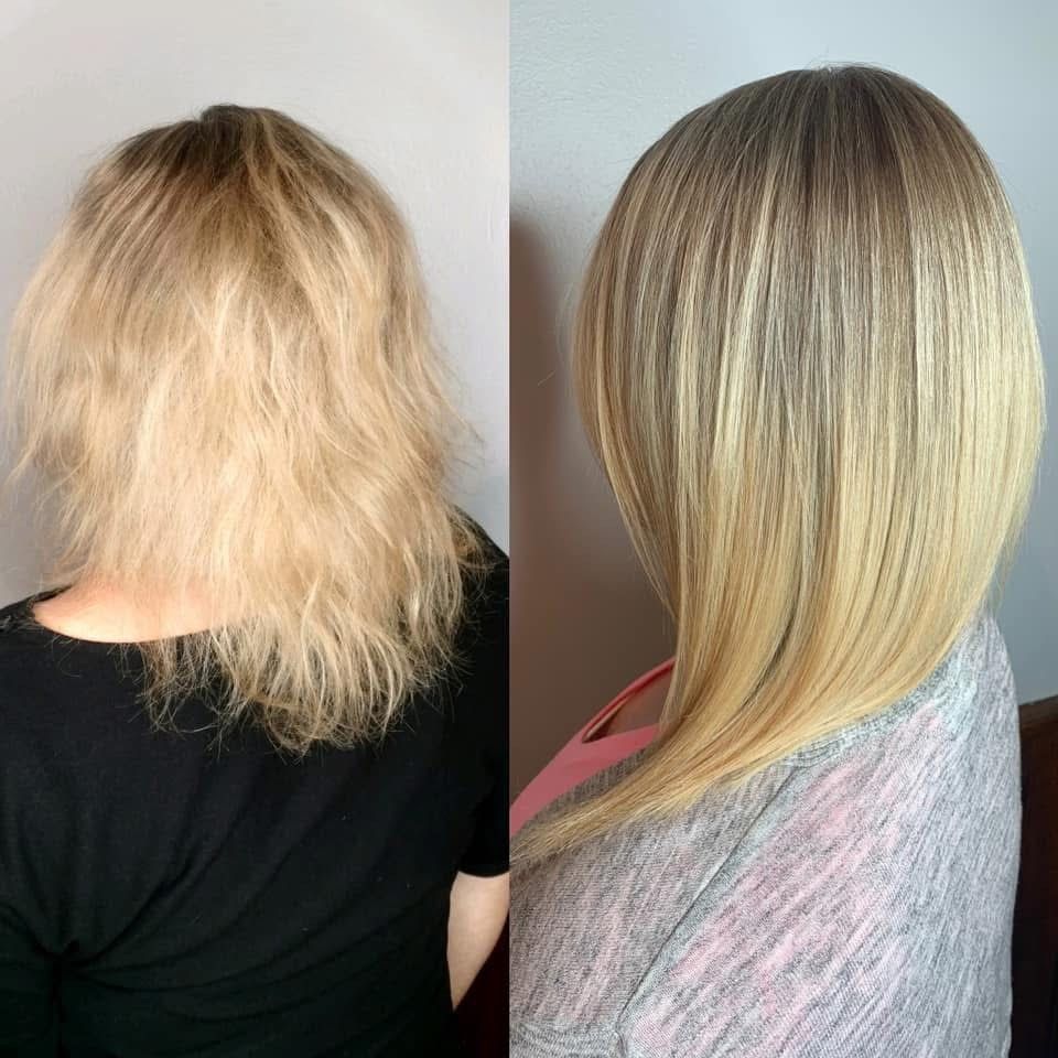 A before and after photo of a woman's hair