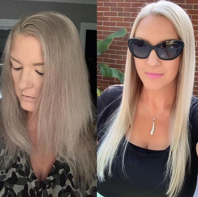 A before and after photo of a blonde woman wearing sunglasses