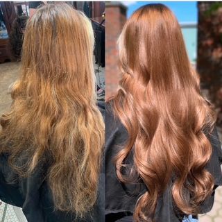 A before and after photo of a woman's hair.