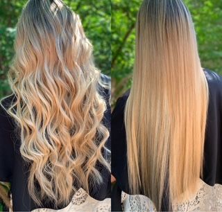 A before and after picture of a woman's hair.