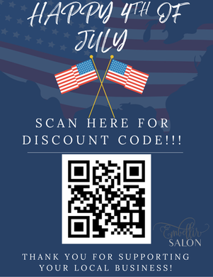 A poster that says happy 4th of july scan here for discount code.