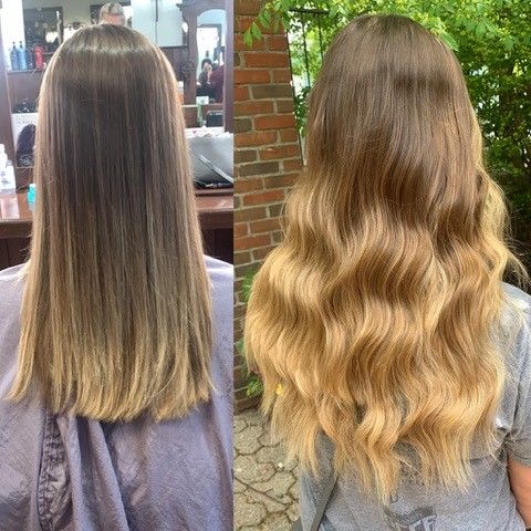 A before and after photo of a woman 's hair