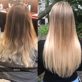 A before and after photo of a woman 's hair.