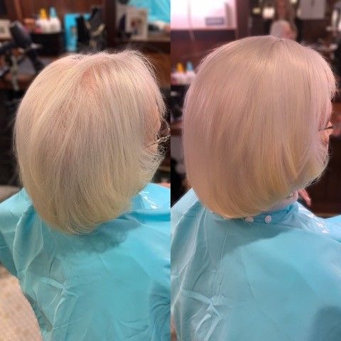 A before and after photo of a woman getting her hair cut in a salon.