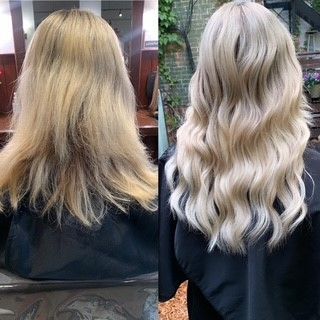 A before and after photo of a woman 's blonde hair.