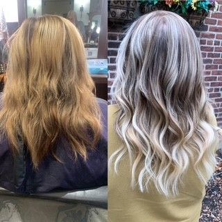 A before and after photo of a woman 's hair.