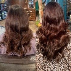 A before and after photo of a woman 's hair in a salon.