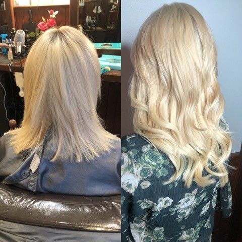 A before and after photo of a woman 's hair extensions.