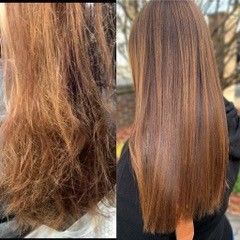 A before and after photo of a woman 's hair.