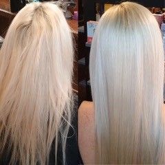 A before and after photo of a woman 's blonde hair.