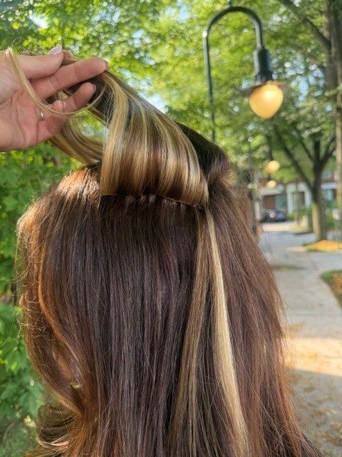 Hand lifting a section of brown hair outdoors on a tree-lined street, showing highlighted strands.